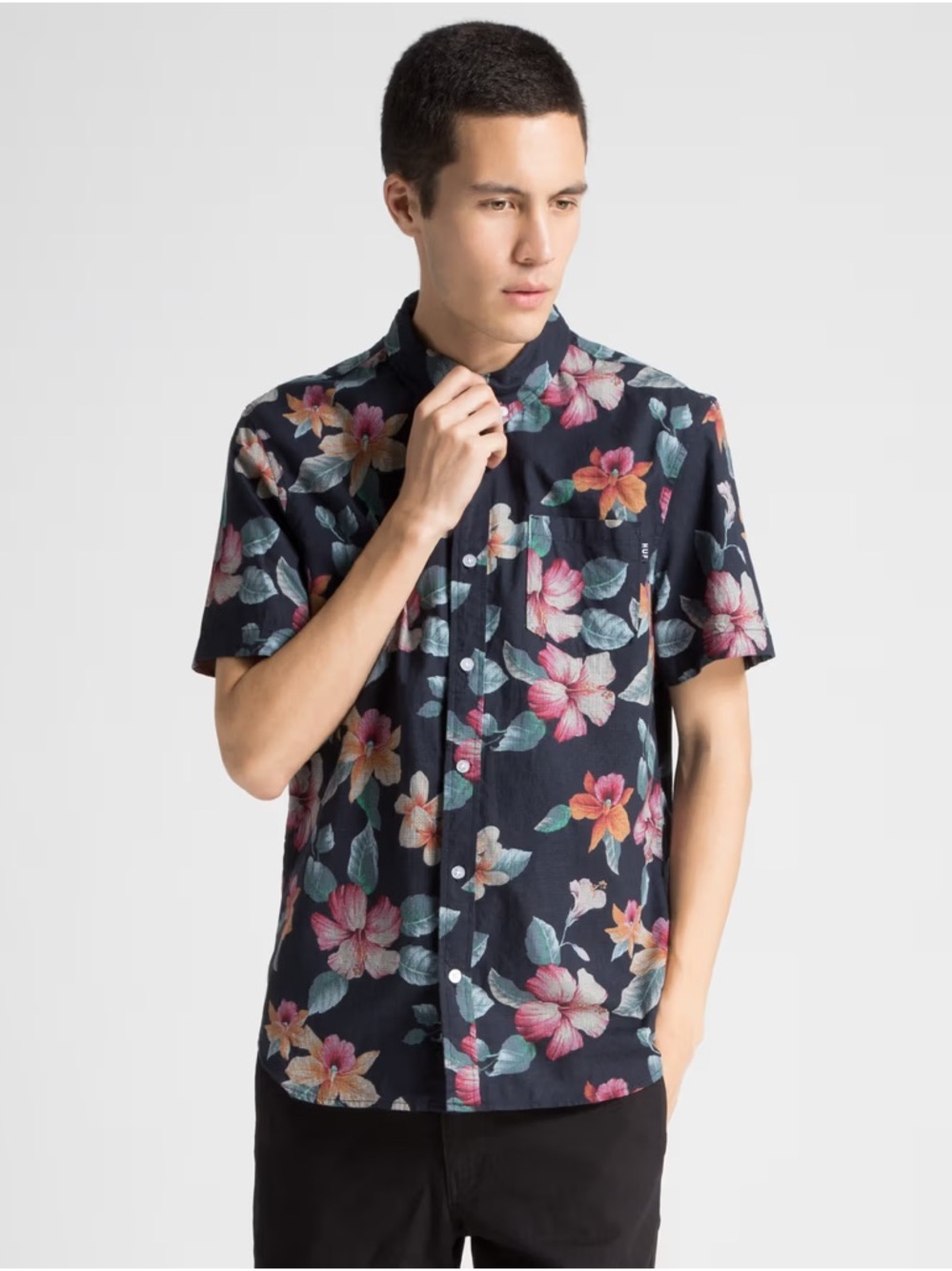 HUF Black Floral Short-Sleeve Button-Down Shirt with Pink & Cream Flowers